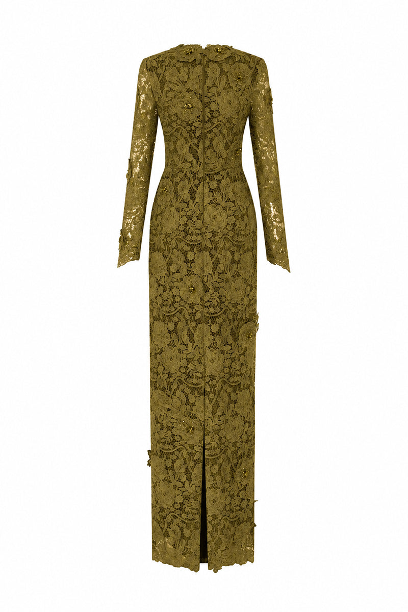 Trapeze Neck Column Gown With Long Sleeves In Guipure Lace
