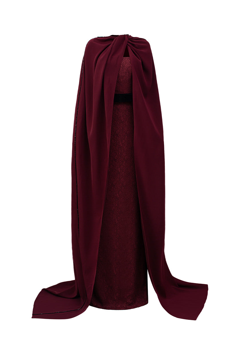 Bustier Column Gown With Long Cape In Burgundy Vine Guipure Lace & Crepe