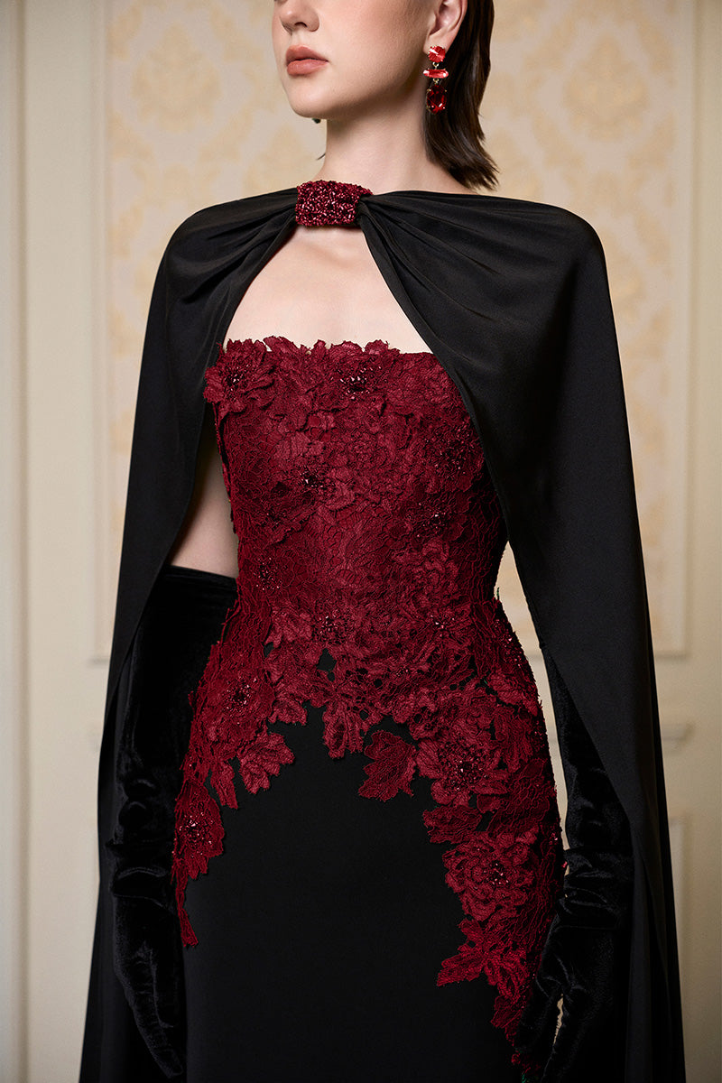 Strapless Column Gown With Long Cape In Dark Red French Lace & Black Crepe