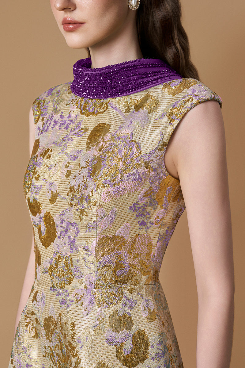 Round Neck A -line Gown With De-Constructed Collar In Green Floral Metallic Jacquard