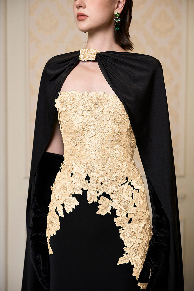 Strapless Column Gown With Long Cape In Beige French Lace & Black Crepe