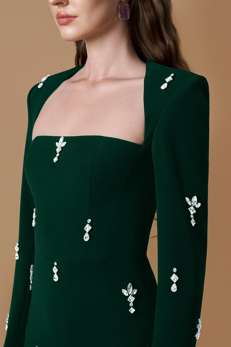 Trapeze Neck Column Gown With Long Sleeves In Black Crepe & Pink Stones