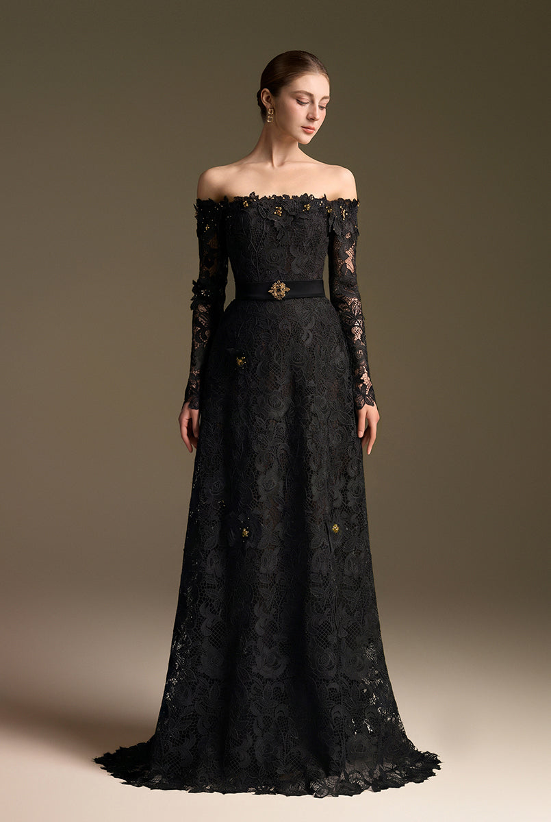Black Long Sleeves Off-Shoulder A-Line Gown