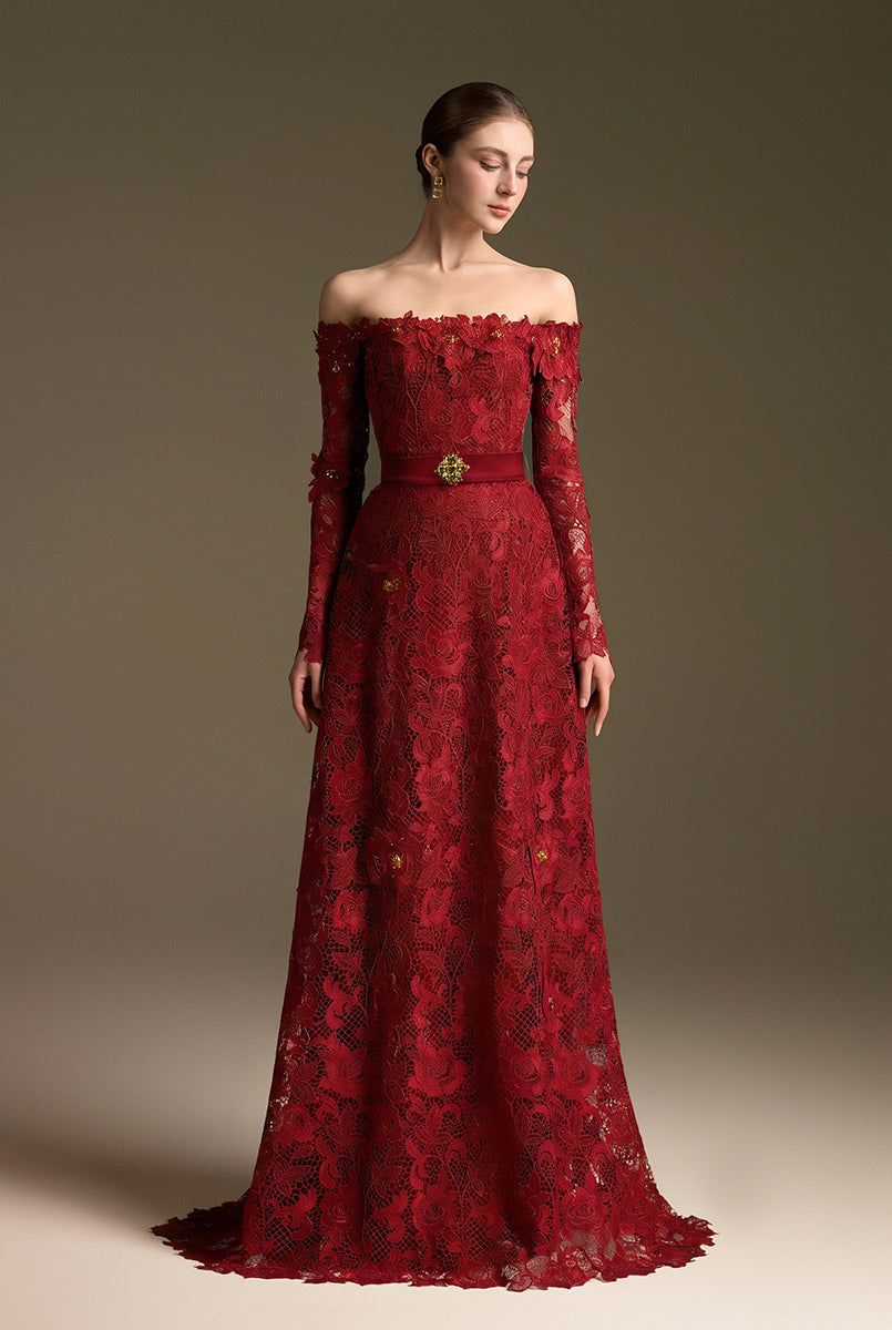 Red Long Sleeves Off-Shoulder A-Line Gown