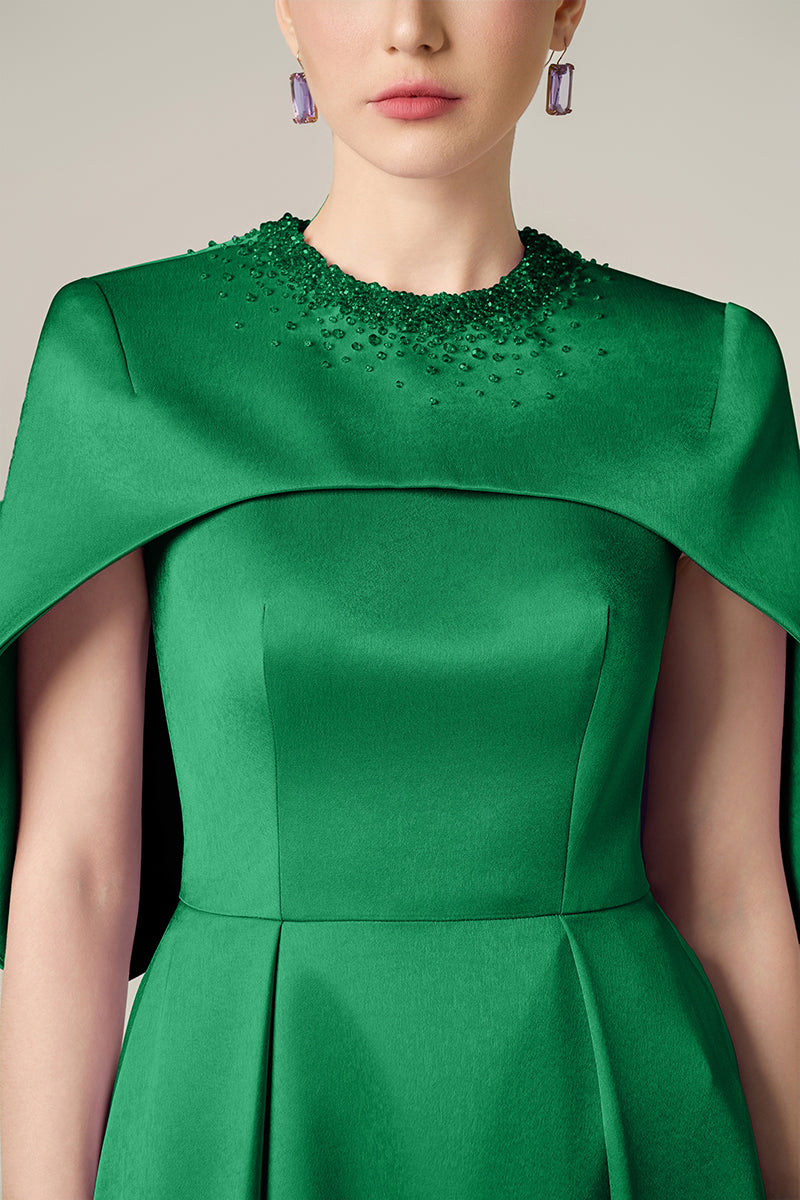 ROUND NECK A-LINE GOWN WITH CIRCULAR CUT MINI CAPE