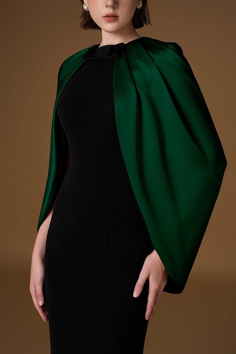 Round Neck Column Gown With Cape Sleeves In Black Crepe & Ivory Silk