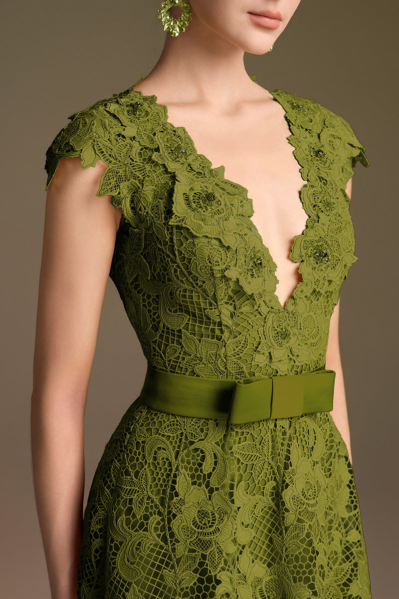V-Neck Sleeveless A-Line Gown In Olive Guipure Lace