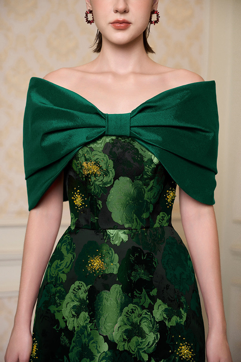 Strapless A-line Gown With Bust Bow In Black Taffeta & Dark Green Floral Jacquard