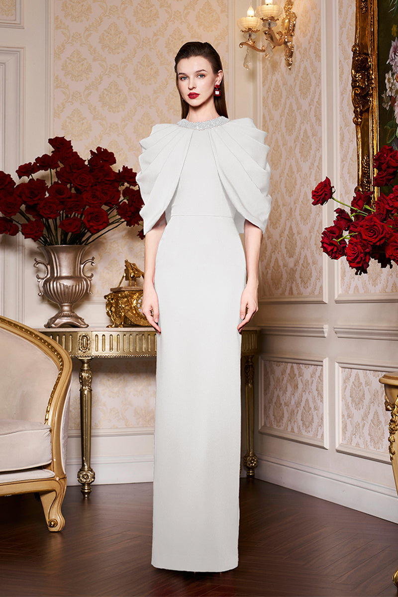Round Neckline Column Gown With Draped Cape