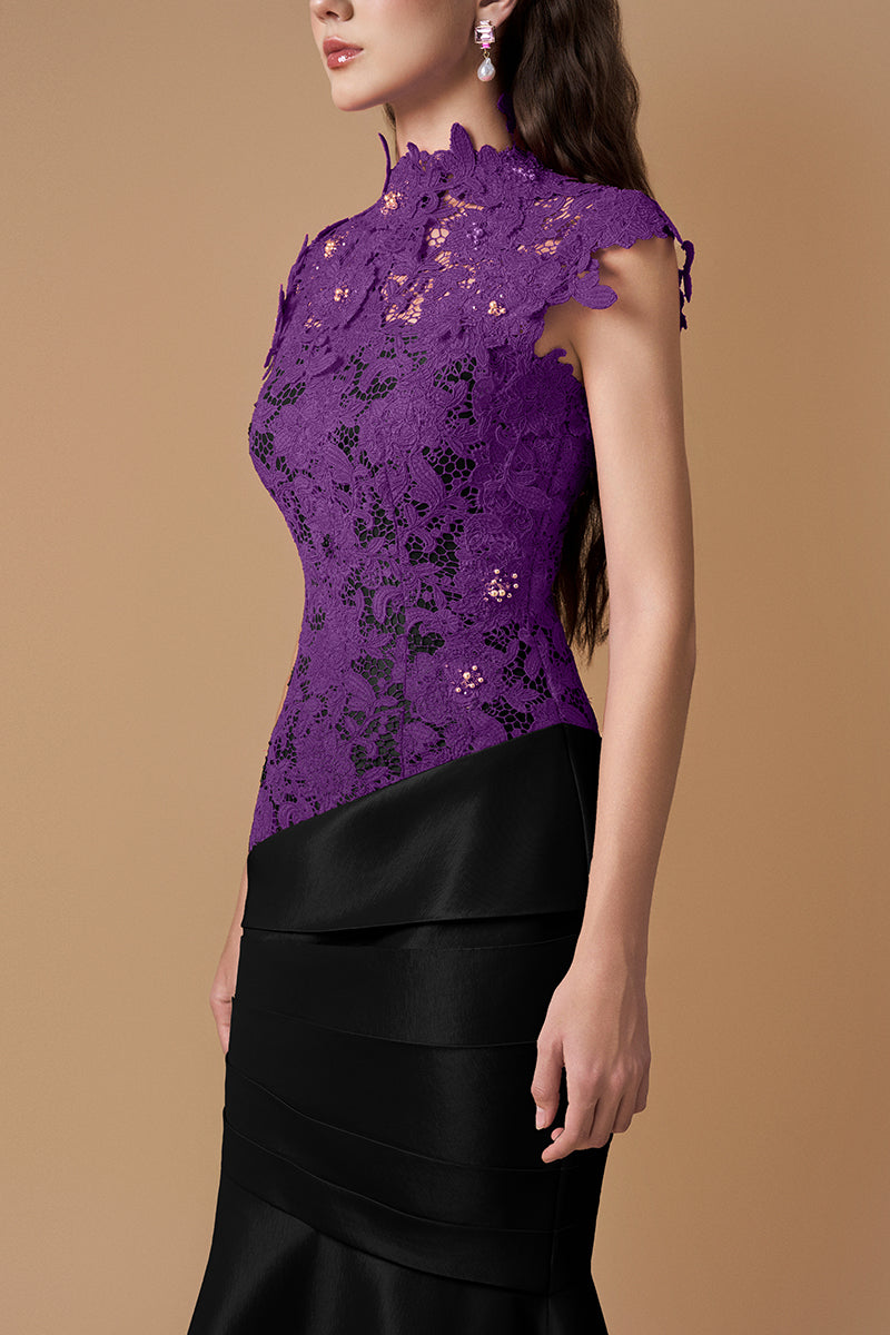 Round Neck Mermaid Gown With Pink Guipure Lace and Ivory Taffeta