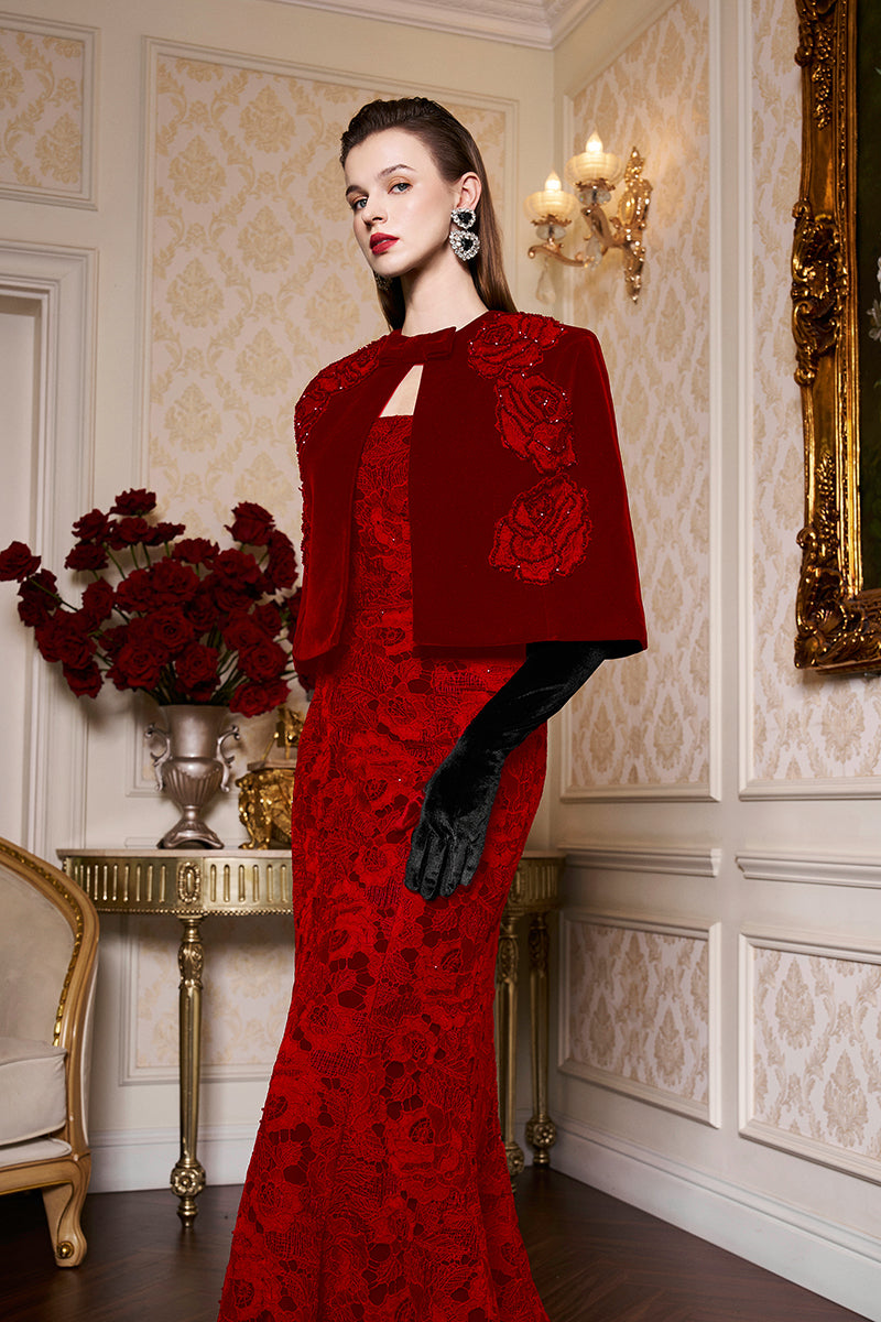 Princess Line Strapless Black Lace and Velvet Dress with Cape