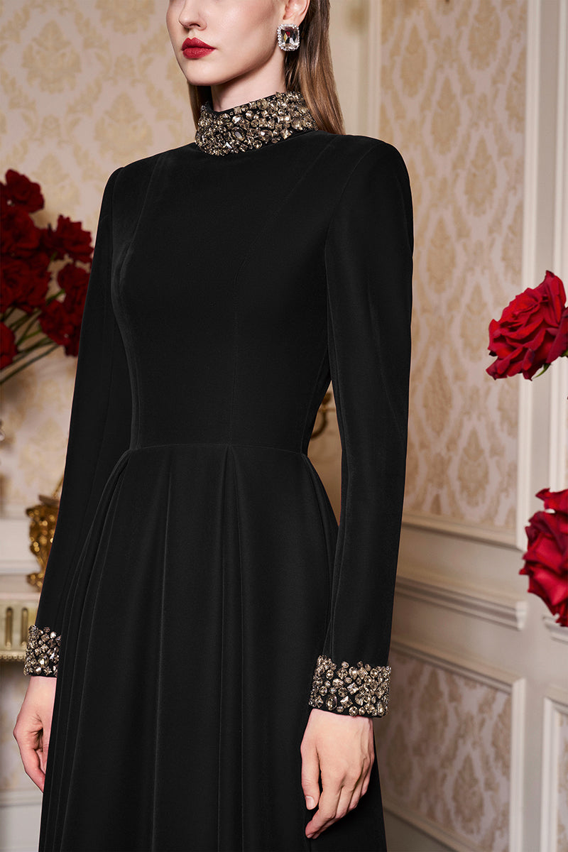 Turtleneck Collar Pleated Waist Velvet Gown