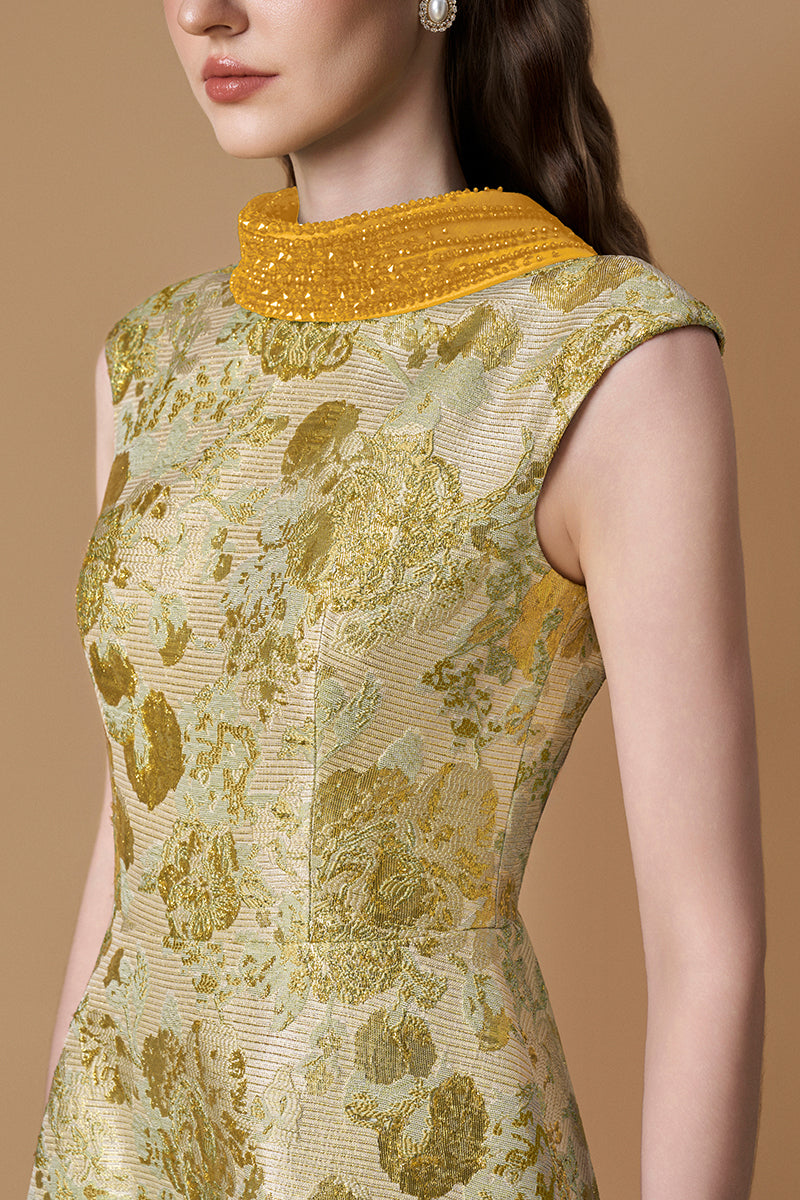 Round Neck A -line Gown With De-Constructed Collar In Green Floral Metallic Jacquard