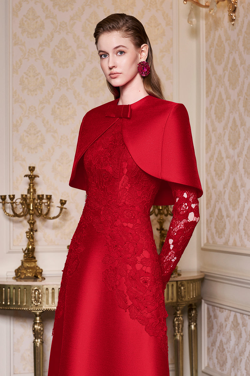 Fuchsia Lace and Taffeta Gown With Mini Cape