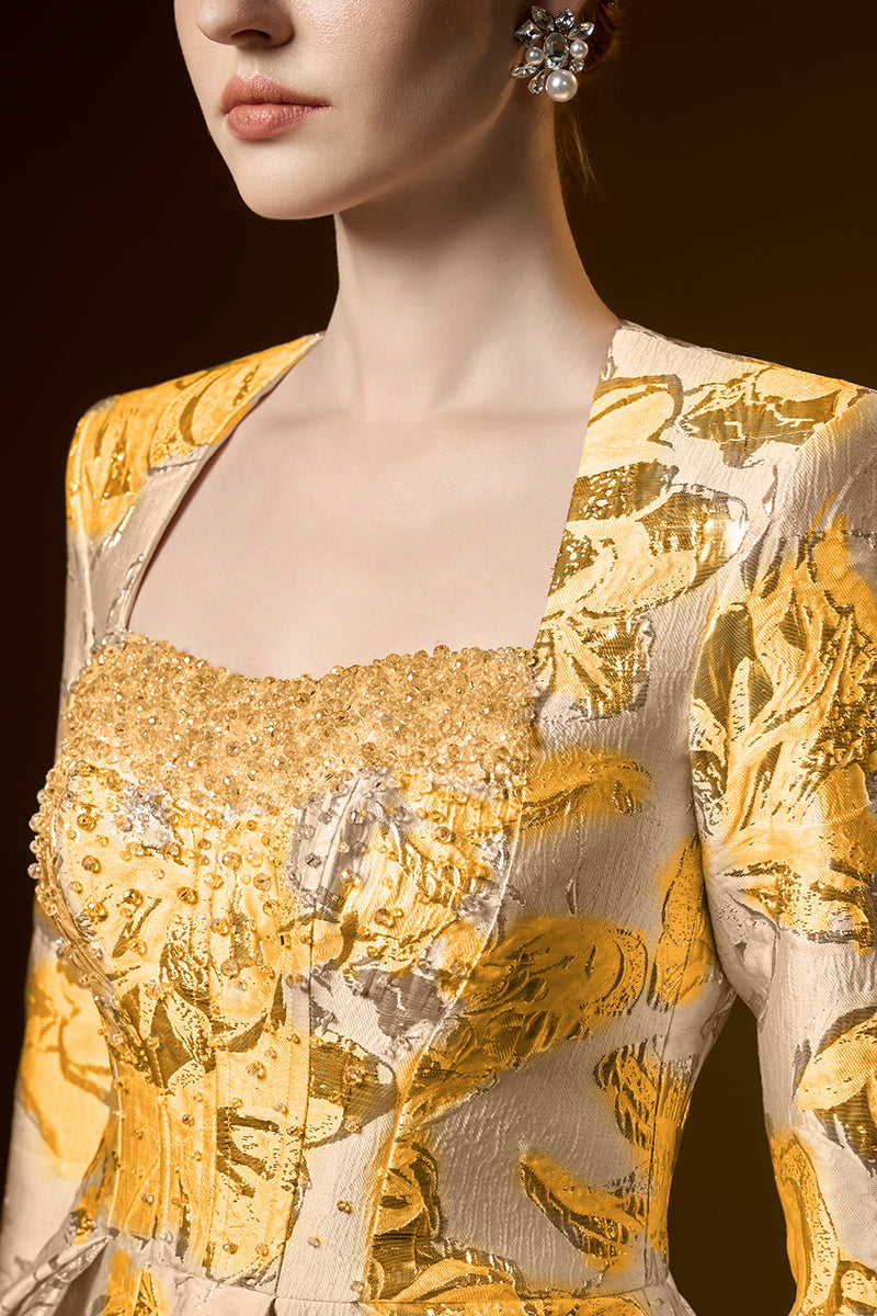 Trapeze Neck Ballgown With Long Sleeves In Jacquard