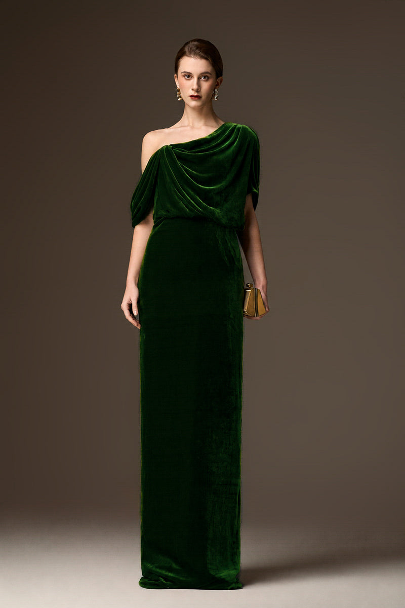 Asymmetric One Shoulder Column Gown With Draped Details In Green Velvet