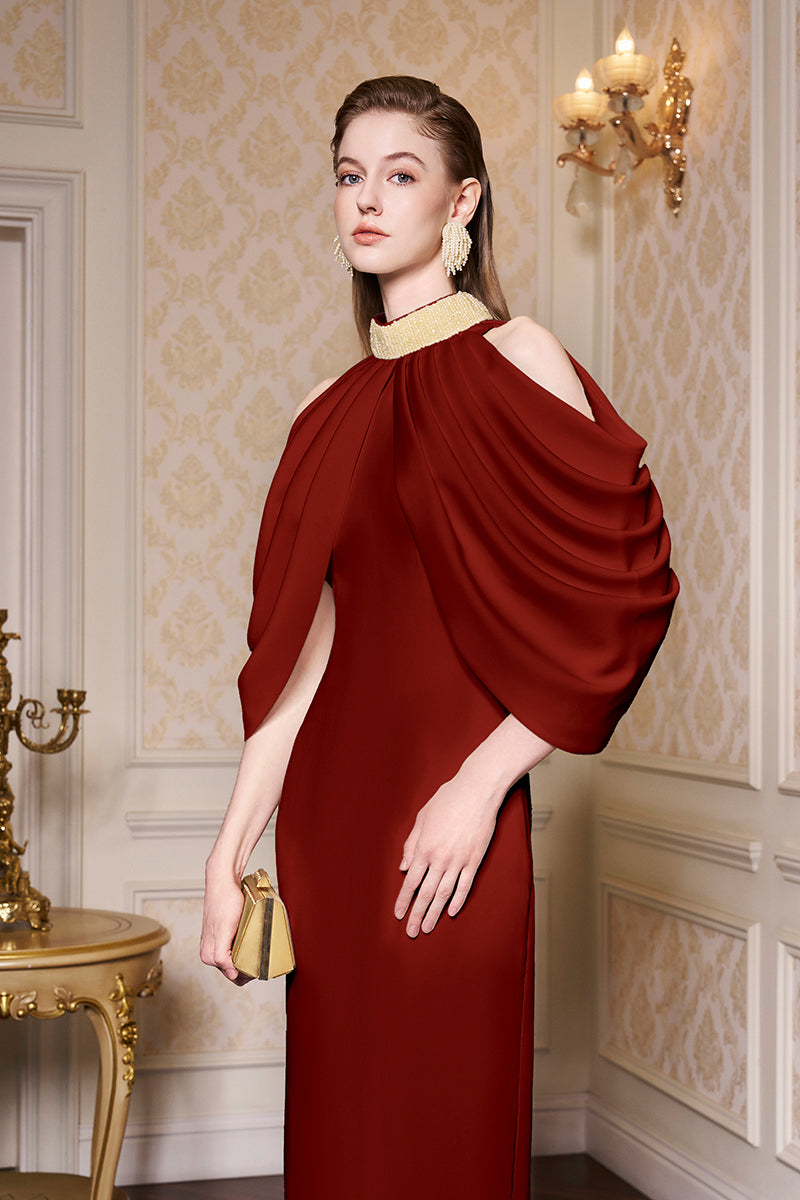 Bottle Neckline Draped Shoulder Agate Silk Gown