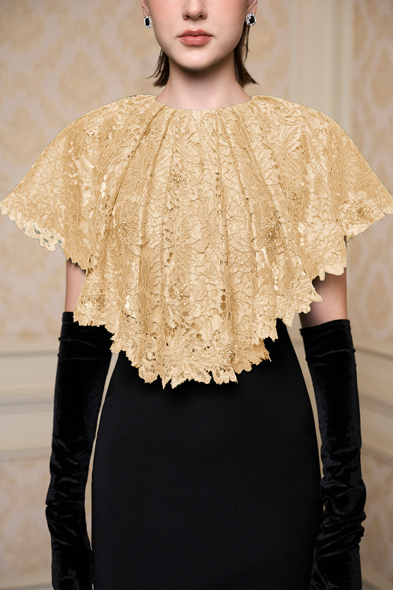 Round Neck Column Gown With Mini Cape In Beige French Lace & Black Crepe