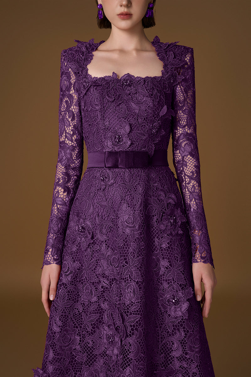 Trapeze Neck A-line Gown With Long Sleeves In Red Guipure Lace