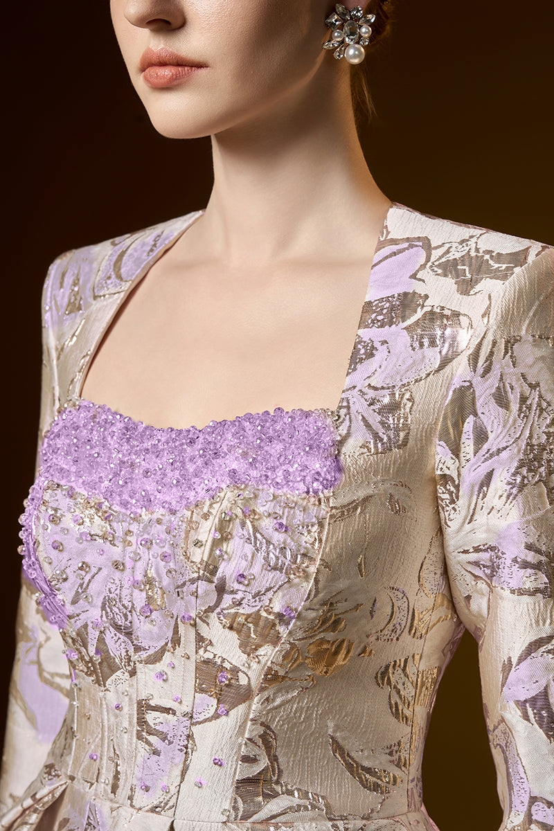 Trapeze Neck Ballgown With Long Sleeves In Jacquard