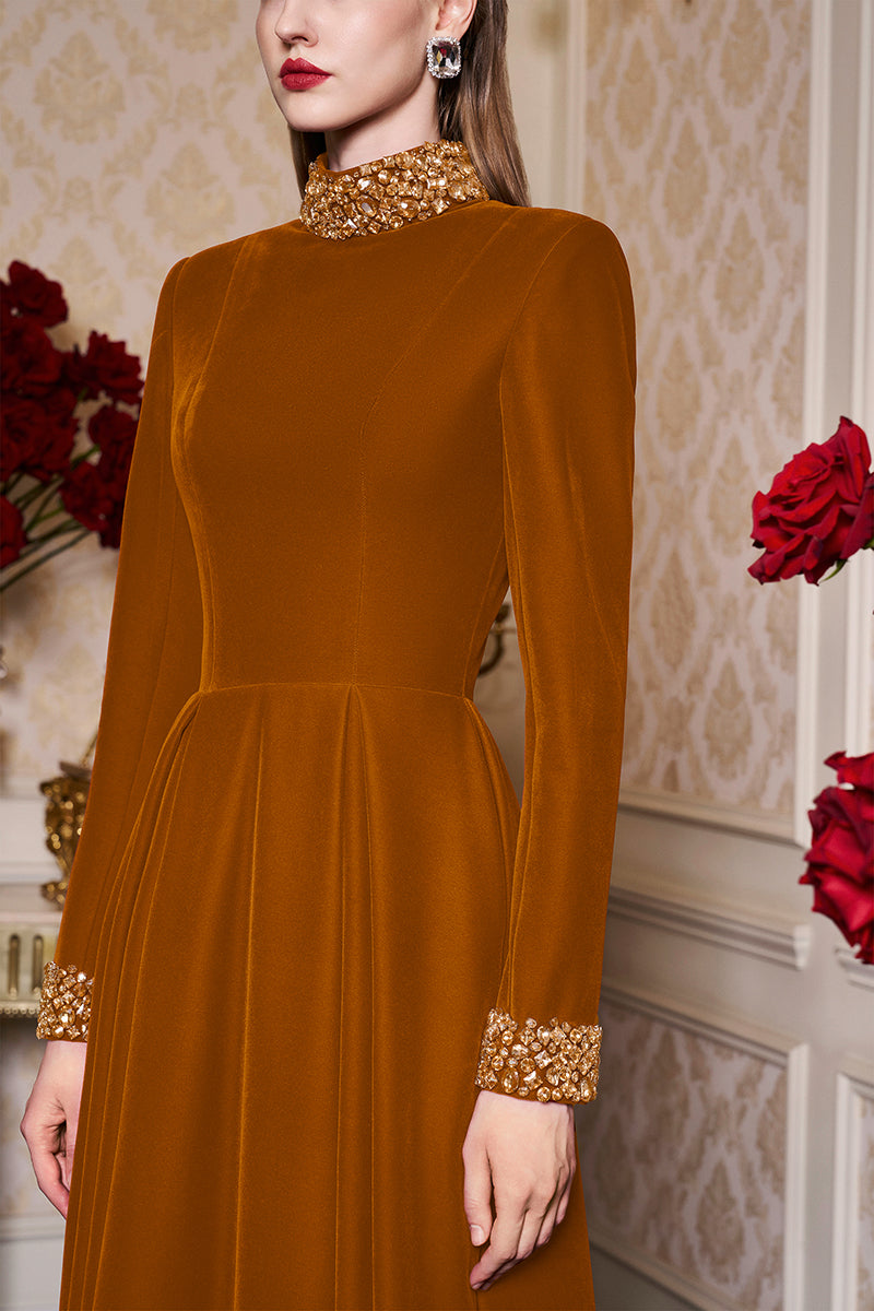 Turtleneck Collar Pleated Waist Velvet Gown