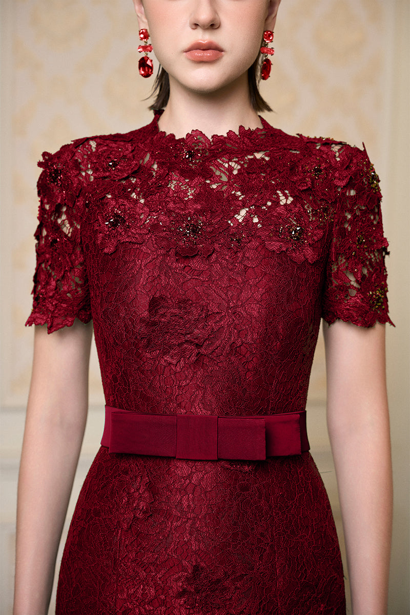 Round Neck Mermaid Gown With Short Sleeves In Dark Red French Lace