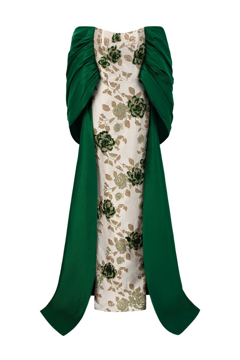 Bustier Column Gown With Draped Off-Shoulder Details In Green Rose Branch Brocade & Taffeta
