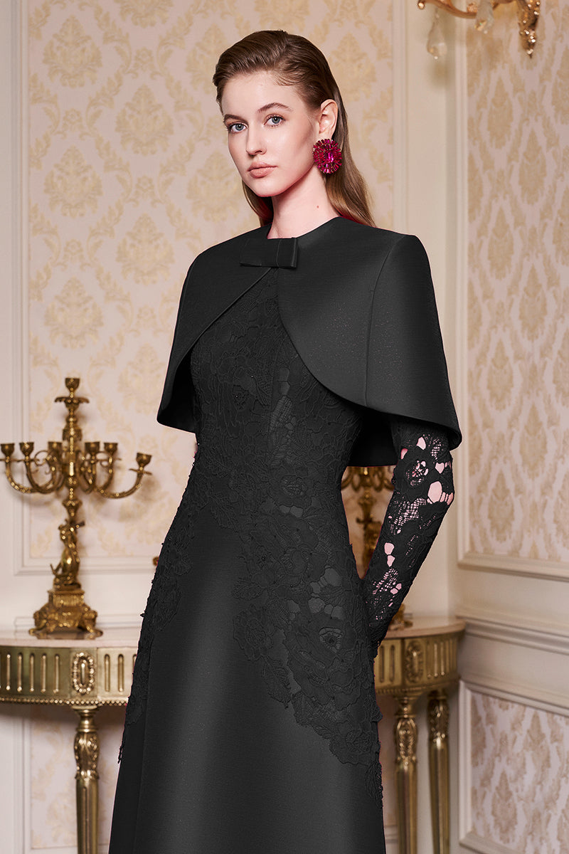 Fuchsia Lace and Taffeta Gown With Mini Cape