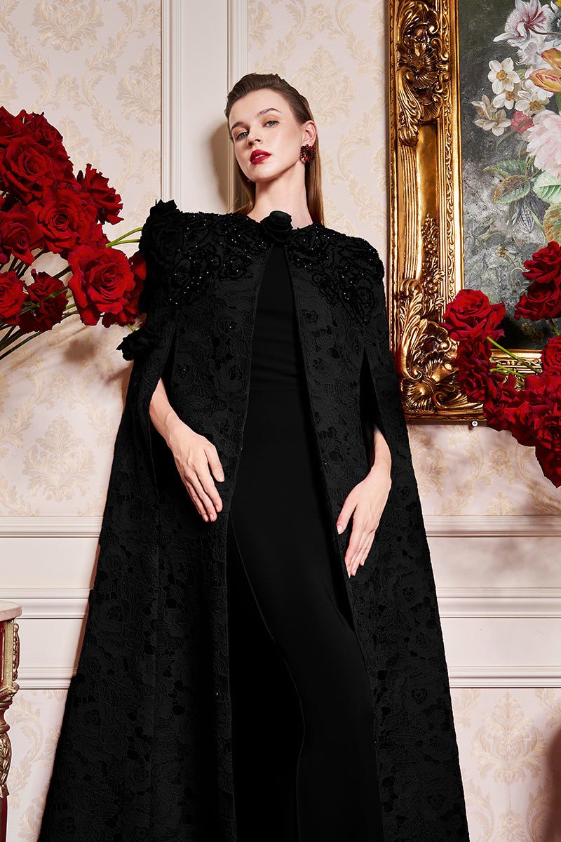 Round Neckline Sleeveless Column Gown With Long Lace Cape