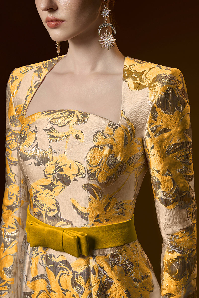 Trapeze Neck Column Gown With Long Sleeves In Jacquard