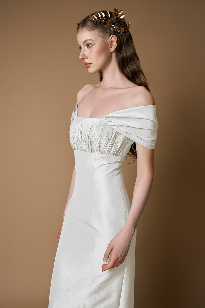 Bustier Column Gown With Draped Off-Shoulder Details In Taffeta