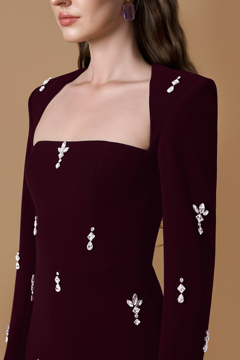 Trapeze Neck Column Gown With Long Sleeves In Black Crepe & Pink Stones