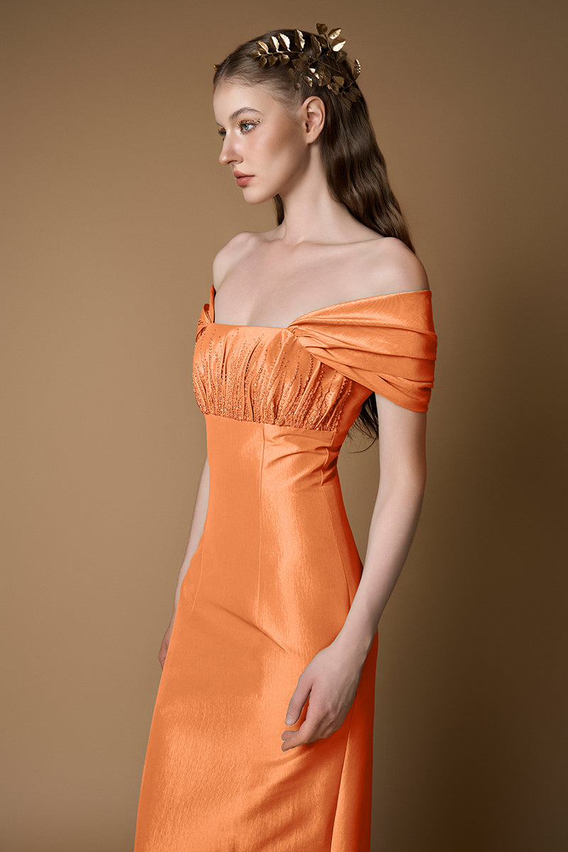 Bustier Column Gown With Draped Off-Shoulder Details In Taffeta