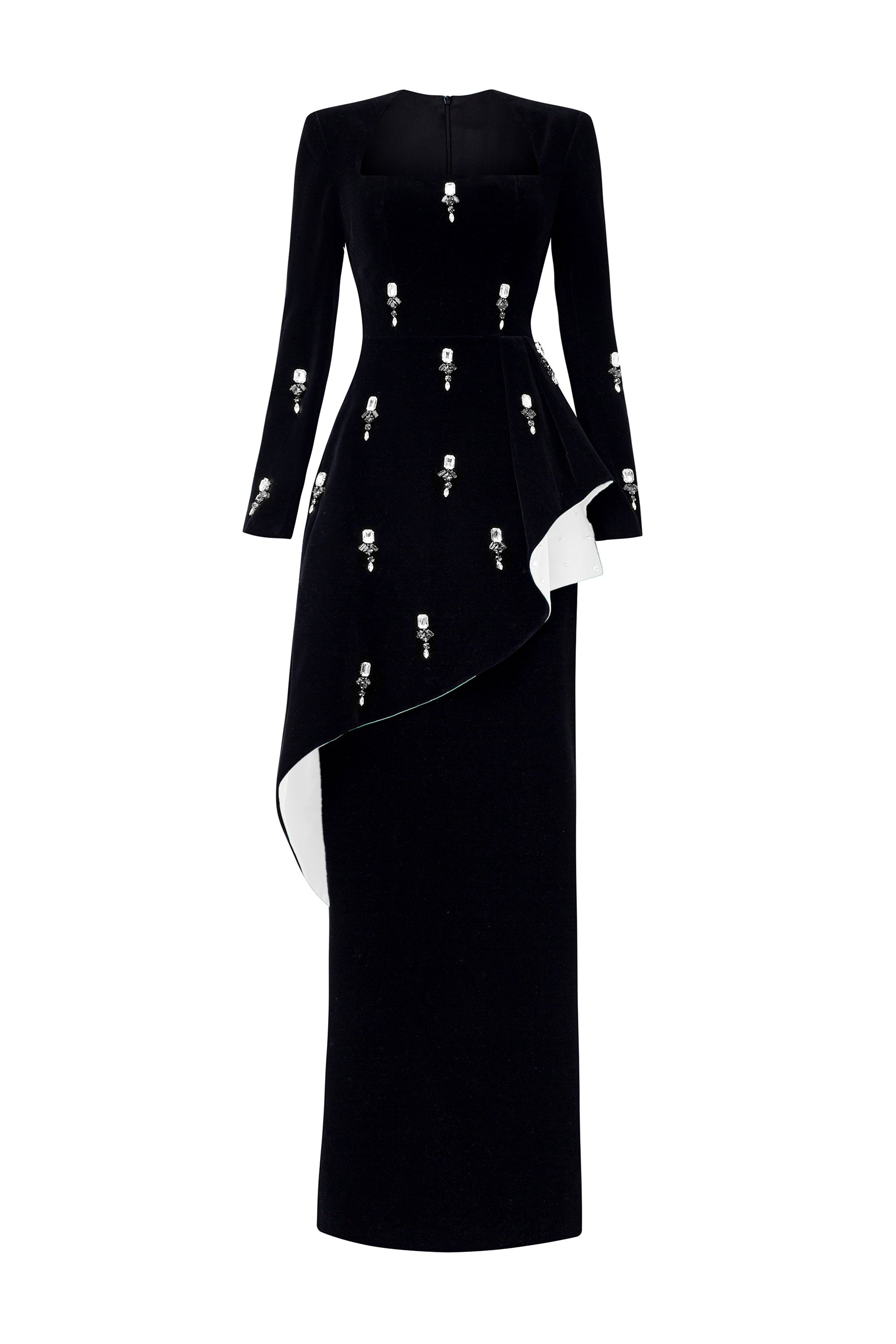 Queen Anne Neckline and Draped Waist Black Velvet Gown