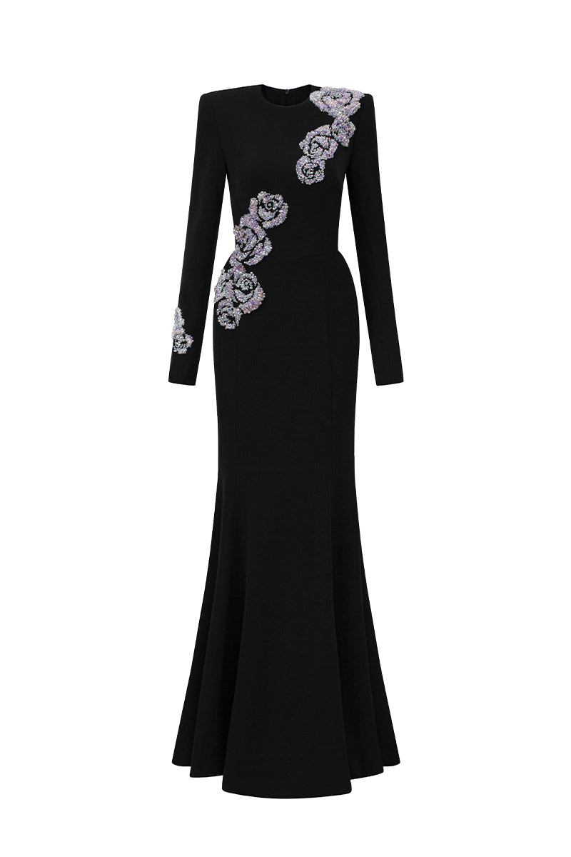 Round Neck Mermaid Gown With Rose-Shaped Crystal Embellishment In Black Crepe