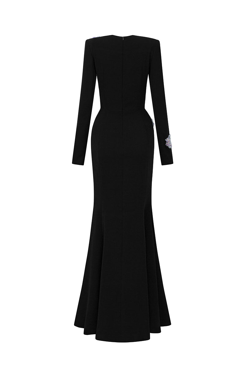 Round Neck Mermaid Gown With Rose-Shaped Crystal Embellishment In Black Crepe