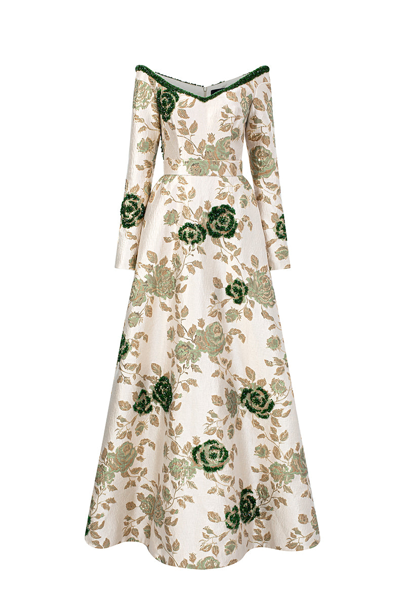 V Neck A-Line Gown With Rose-Shaped Crystal Embellishment In Green Rose Branch Brocade