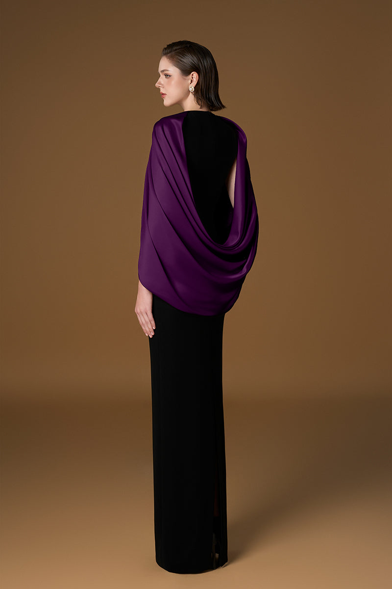 Round Neck Column Gown With Cape Sleeves In Black Crepe & Ivory Silk