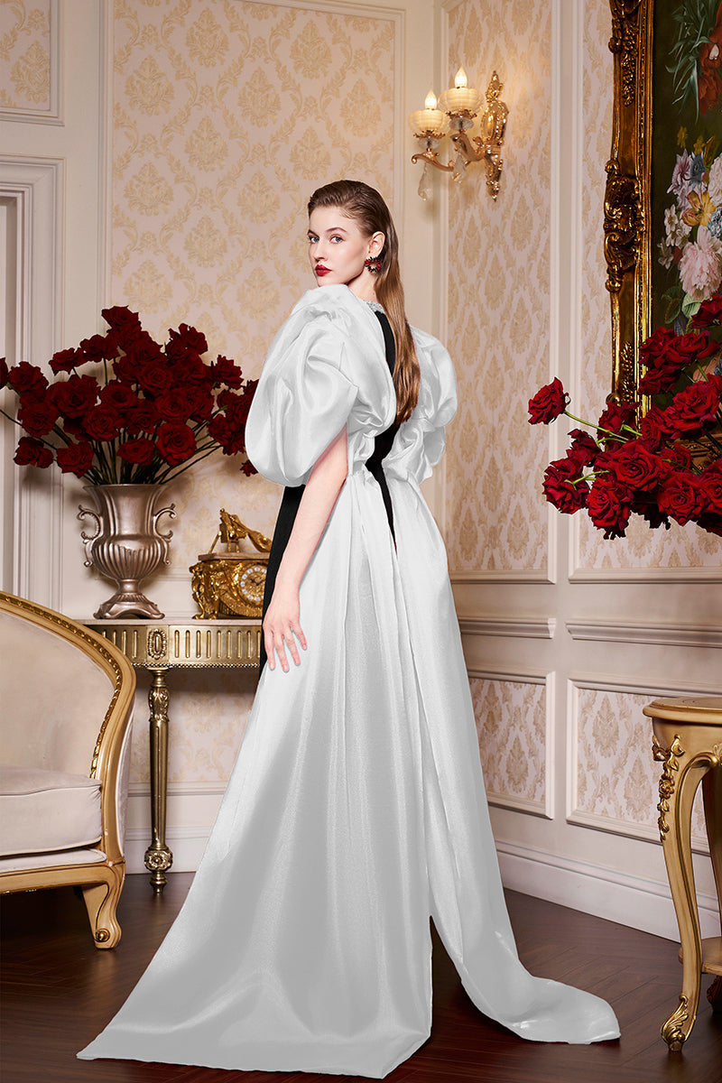 Round Neckline Scuba Gown With Draped Sleeves Organza