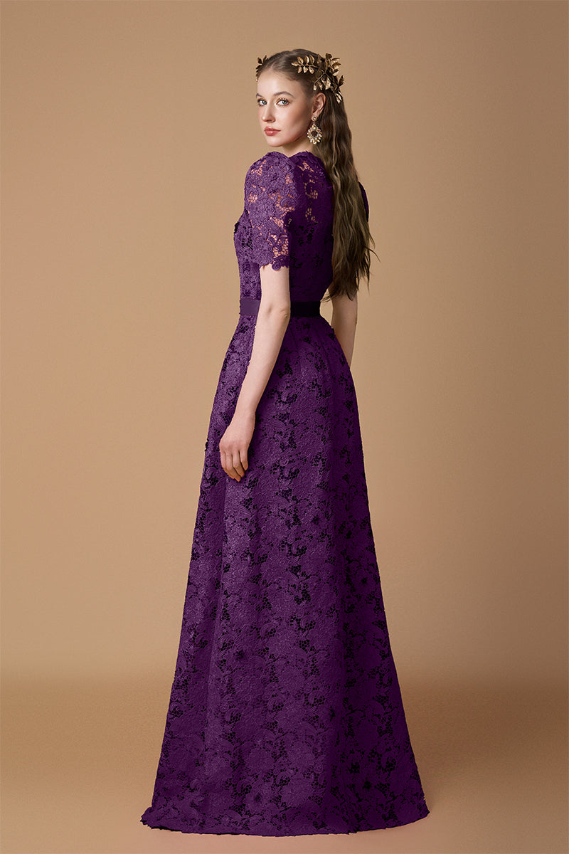 Trapeze Neck A-line Gown With Short Sleeves In Pink Guipure Lace