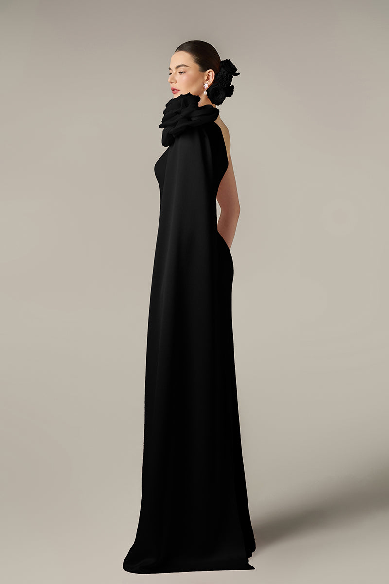 ONE SHOULDER COLUMN GOWN WITH DRAPED ROSE