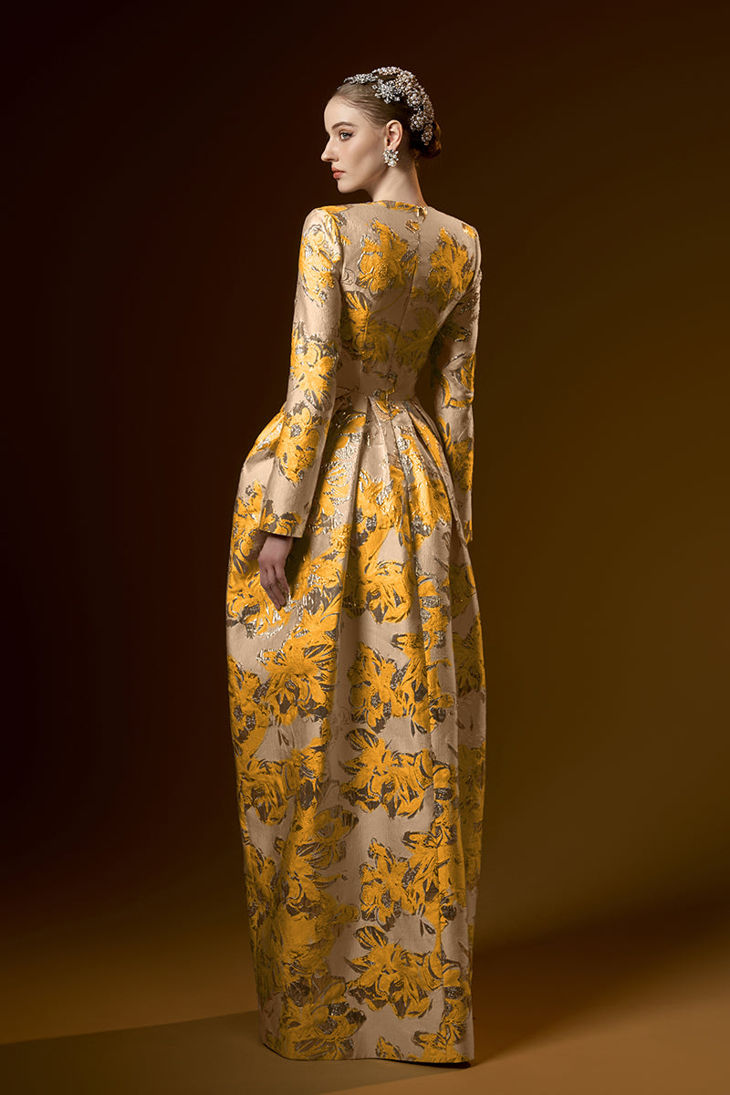 Trapeze Neck Ballgown With Long Sleeves In Jacquard