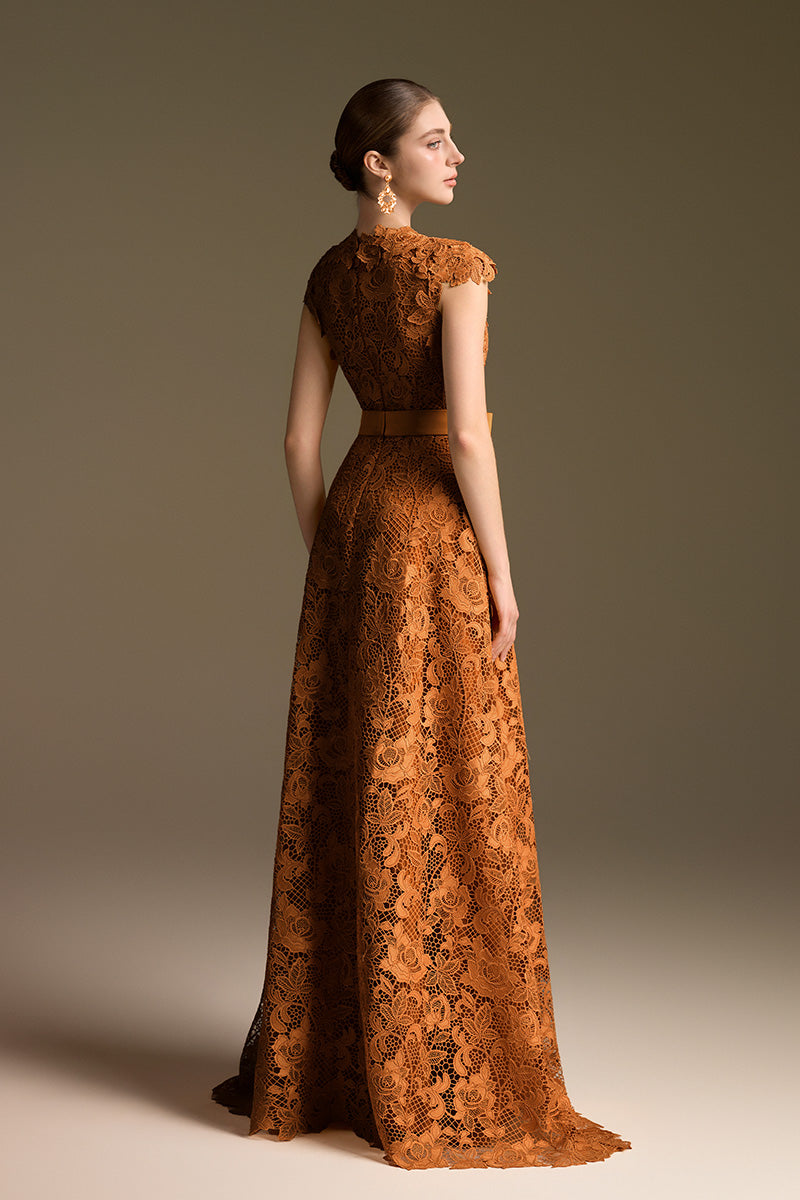 V-Neck Sleeveless A-Line Gown In Orange Guipure Lace