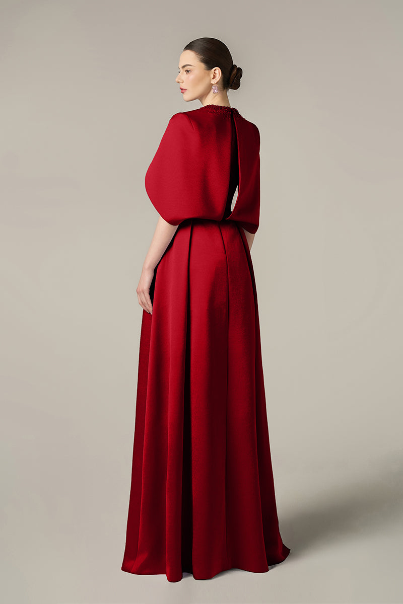 Round Neck A-Line Gown With Circular Cut Mini Cape