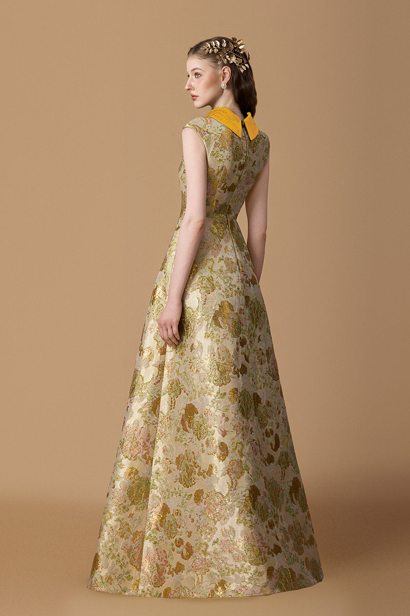 Round Neck A -line Gown With De-Constructed Collar In Green Floral Metallic Jacquard
