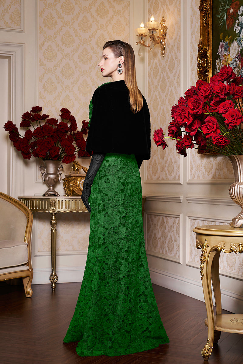 Princess Line Strapless Black Lace and Velvet Dress with Cape