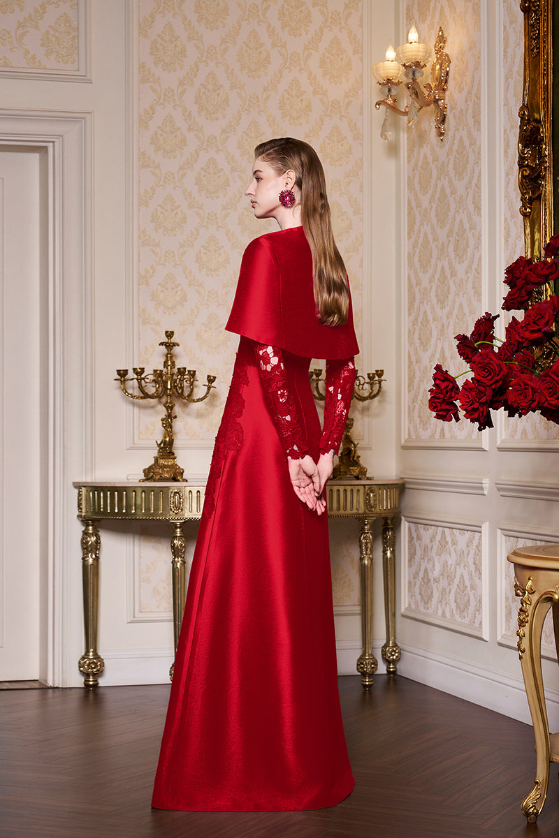 Fuchsia Lace and Taffeta Gown With Mini Cape