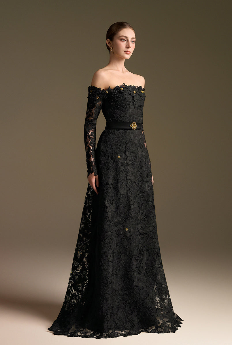 Black Long Sleeves Off-Shoulder A-Line Gown