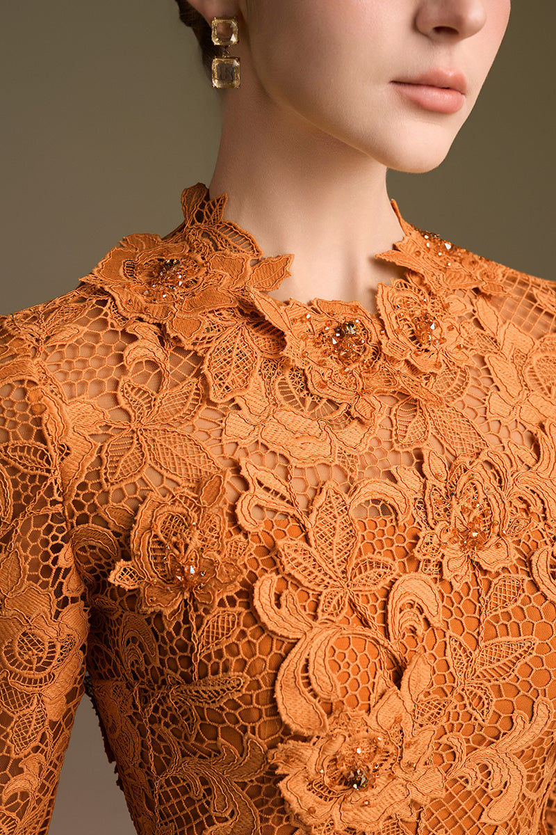 Round Neck Mermaid Gown With Long Sleeves In Dark Orange Guipure Lace