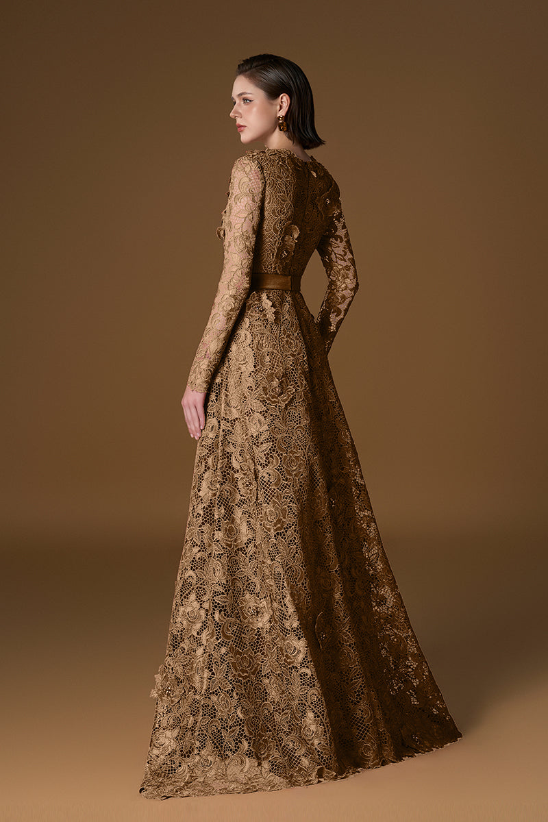 Trapeze Neck A-line Gown With Long Sleeves In Dark Gold Guipure Lace